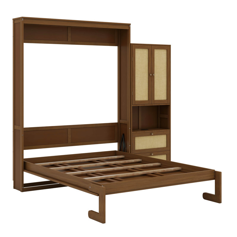 Lit escamotable double en bois avec rotin, Noyer