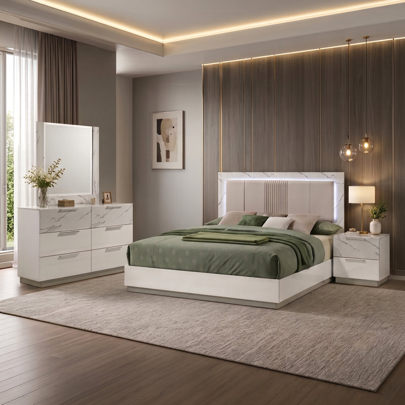 Woodbridge Bedroom Set White, Queen, 4 Pcs: Bed, Nightstand, Dresser, Mirror