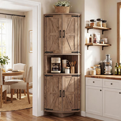 Armoire de coin de 65 po de hauteur avec portes, armoire de rangement de style campagnard pour salle de bain et cuisine, armoire de coin autoportante avec tablettes réglables, armoire triangulaire de salon