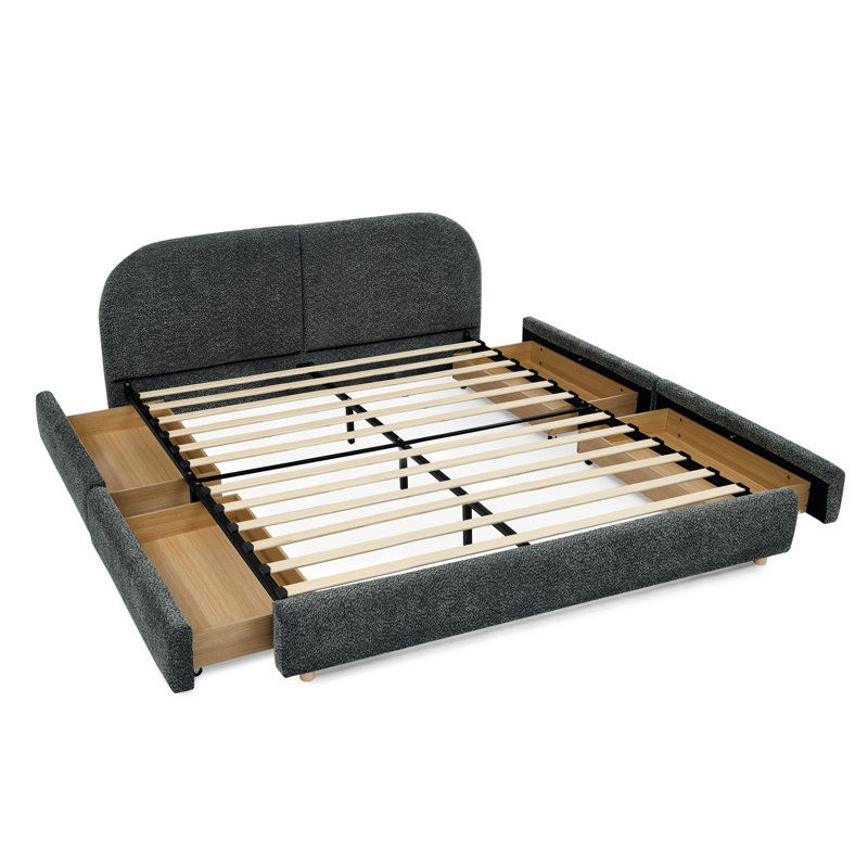 Structure de lit pour grand lit gris foncé avec tête de lit courbée, support pour les jambes et 4 tiroirs de rangement pour une chambre à coucher industrielle futuriste