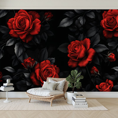 Peel and Stick Wallpaper 144" W x 100" H Modern Self Adhesive Wall Mural for Bedroom Luxury Red Roses Floral Black Dark Leaves Vintage Flowers Gothic