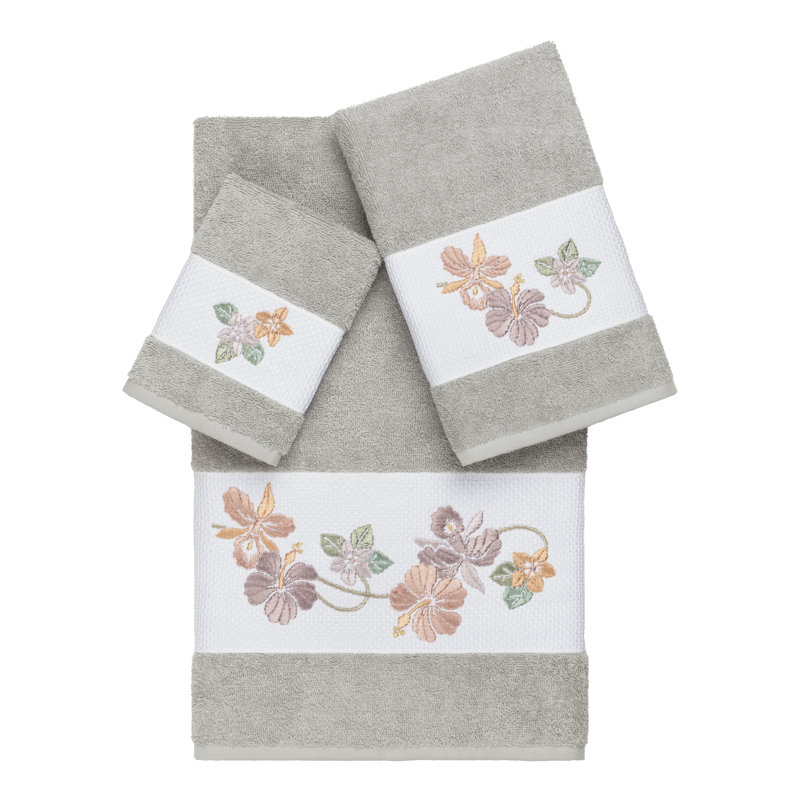 Caroline Embellished 3 Piece Towel Set, Light Gray