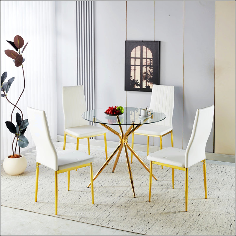 Table de salle à manger moderne en verre trempé avec pieds en métal chromé, peu encombrante et élégante pour tout salon, Doré