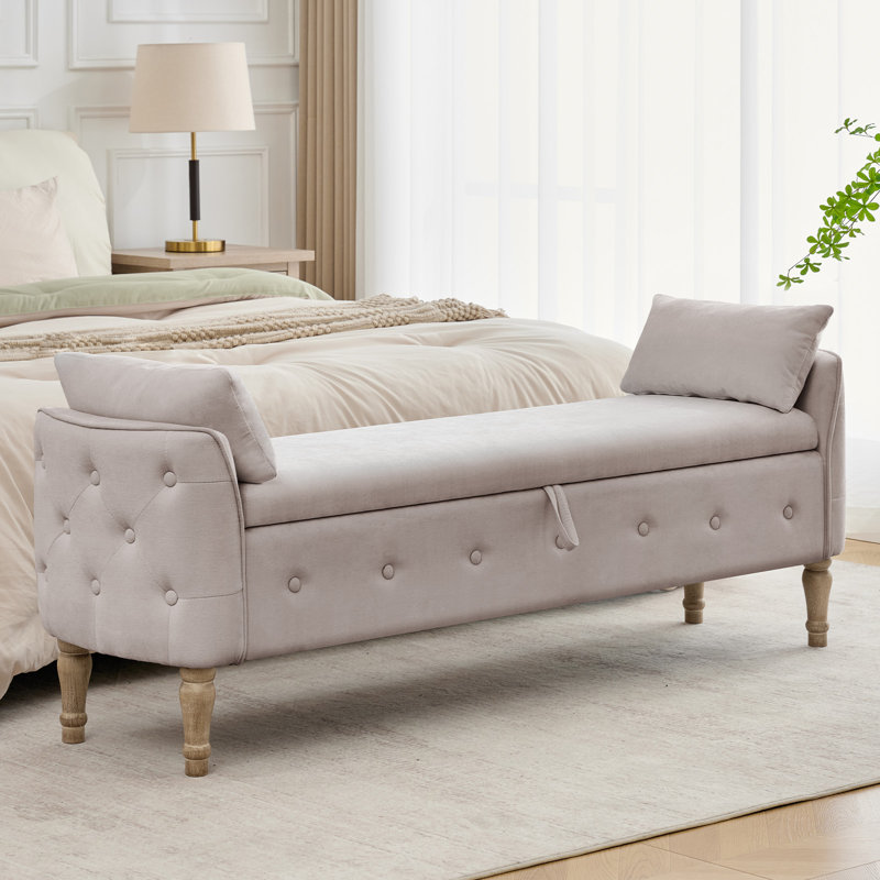 67" Linen Bedroom Storage Bench for End of Bed King Size with Tufted Armrest,Zipper Pocket,Vintage Wooden Brush Foot, Khaki