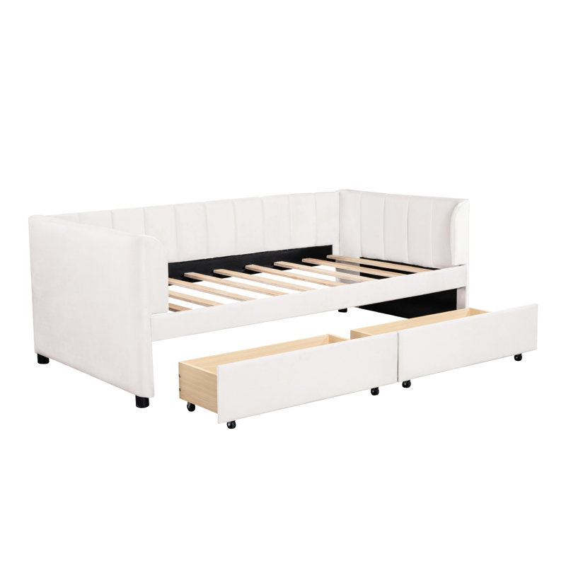 Lit de jour simple beige avec support pour le dos ergonomique et 2 tiroirs - Tête de lit à rayures classique pour une chambre à coucher élégante