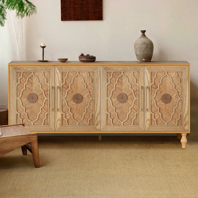 Carved Flower Door Large Storage Cabinet With Metal Handle Suitable For Living Room, Kitchen, Entryway