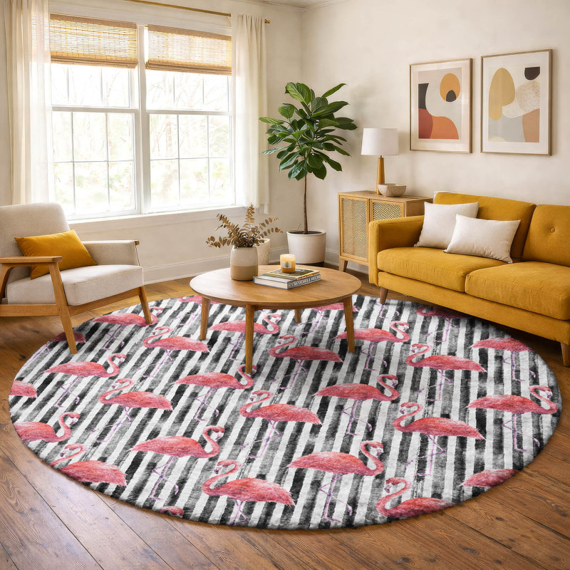 Premium Machine Washable Dream Shag ADS204 Striped and Flamingos Rug, 8' Round