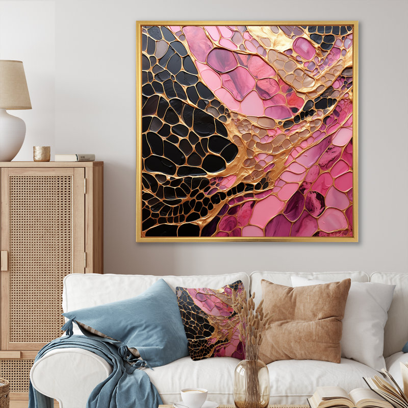Minimalisme, poteries en or rose - grandes spirales abstraites, H 16 po x l 16 po x P 1 po, Cadre flottant doré
