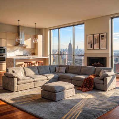 Oversized L-Shaped Corner Sectional Sofa, Chenille Cloud Modular Sofa, Upholstered Sectional With Ottomans Living Room Sets