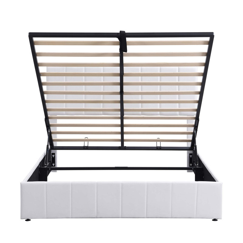 Grand lit plateforme tapissier avec système de rangement hydraulique, Grand lit, Blanc, Bois manufacturé