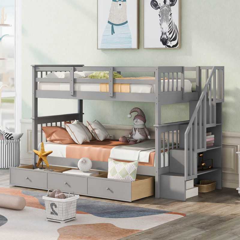 3 Drawers Wood Standard Bunk Bed, Gray, Full Over Full