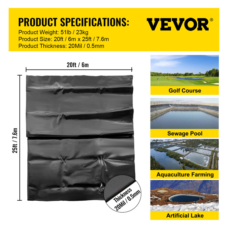 Black LLDPE Pond Liner 20x25 ft for Fish Ponds and Waterfalls