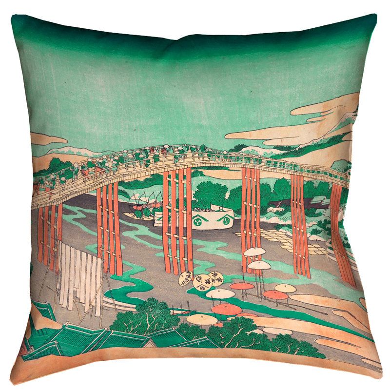 Coussin Katsushika Hokusai, 26 po x 26 po, Vert / pêche