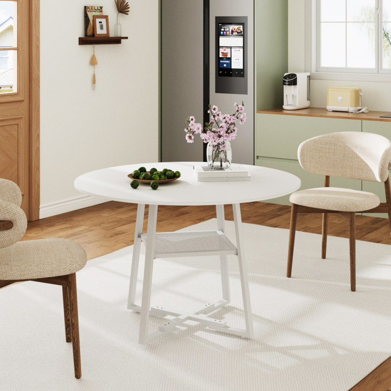 Round Metal Base Dining Table, White, White