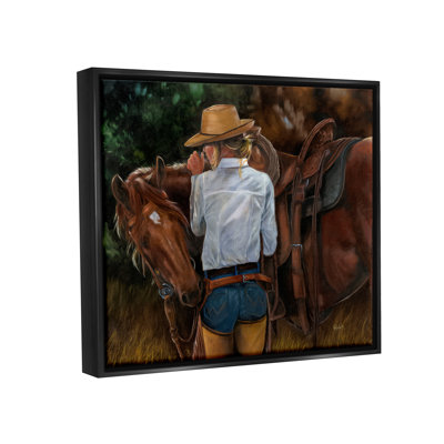 «Cowgirl Tendant To Horse», reproduction encadrée sur toile par Victoria Schultz