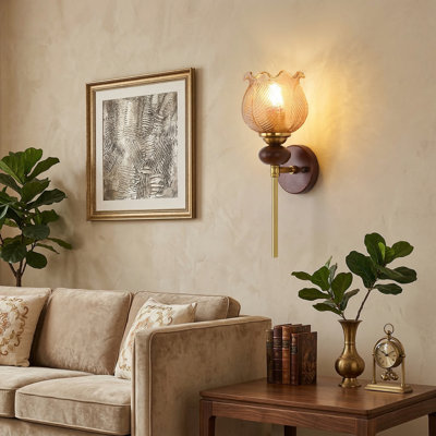 Applique murale rétro en noyer avec accents cuivrés - Lampe de chevet pour chambre à coucher, couloir, salon, hauteur de 36 cm ， E27 300K lumière chaude