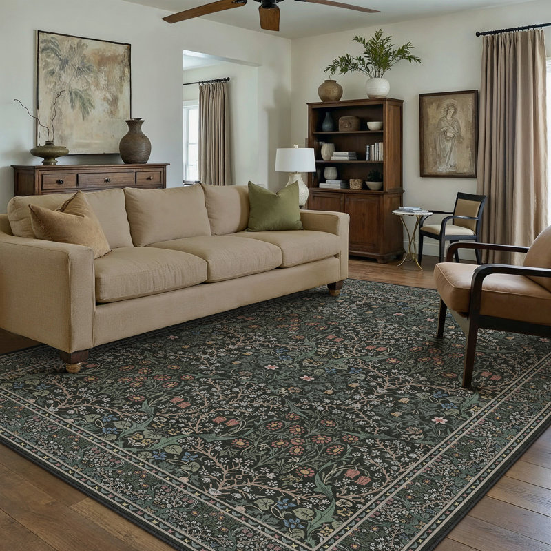 Alora Machine Washable Floral Area Rug With Non-Slip Backing, Dark Green, 0.28", Rectangle 6' x 9'