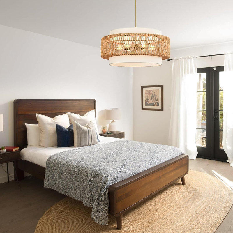 Lustre en rotin à 6 lumières pour salle à manger, suspension bohème de 65 cm (25,6 po) tissée à la main, forme cylindrique avec abat-jour en tissu, style rustique et champêtre, idéal pour îlot de cuisine, salon, chambre, hall d'entrée ou couloir.