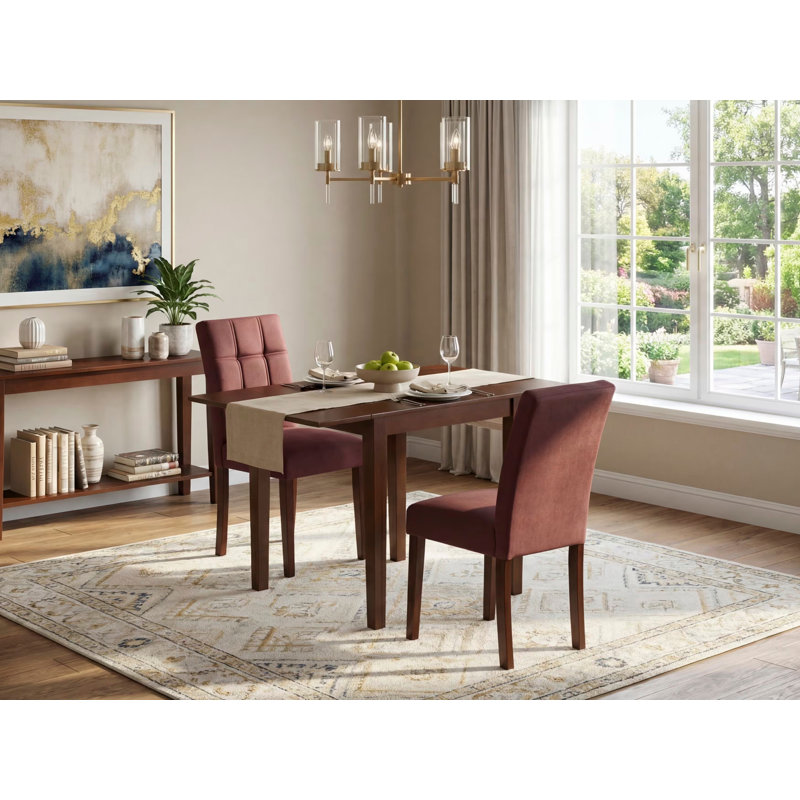 L'ensemble de table de salle à manger 3 pièces comprend une table de cuisine moderne et 2 chaises Parsons en polyester bourgogne, acajou