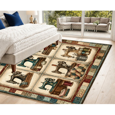 Vintage Sewing Machine Pattern Area Rug, Retro Mechanical Stitcher Design, Non-Slip Floor Carpet, Artistic Indoor Home Decor for Living Room, Bedroom, Craft, Studio, Apartment
