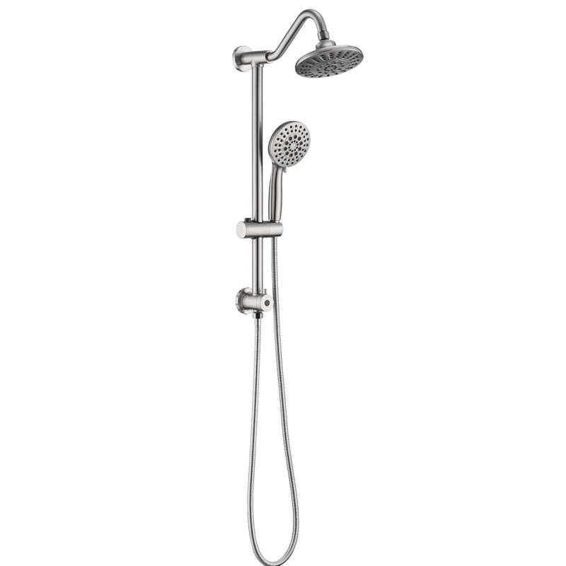 Système de pomme de douche double en nickel brossé avec hauteur réglable, pluie de 6 pouces et poche en nickel, pour un look élégant