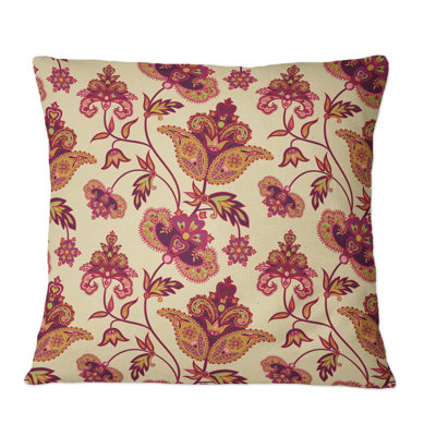 Red Vintage Flowers On Beige - Patterned Printed Throw Pillow