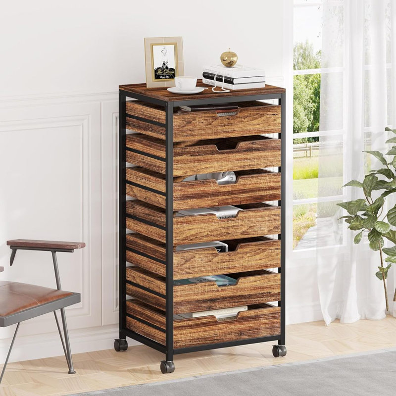7-Drawer Storage Dresser Cabinet With Wheels, Industrial Wood Chest Organizer With Metal Frame, Mobile Drawer Unit For Office, Bedroom, Entryway, Living Room – Rustic Brown