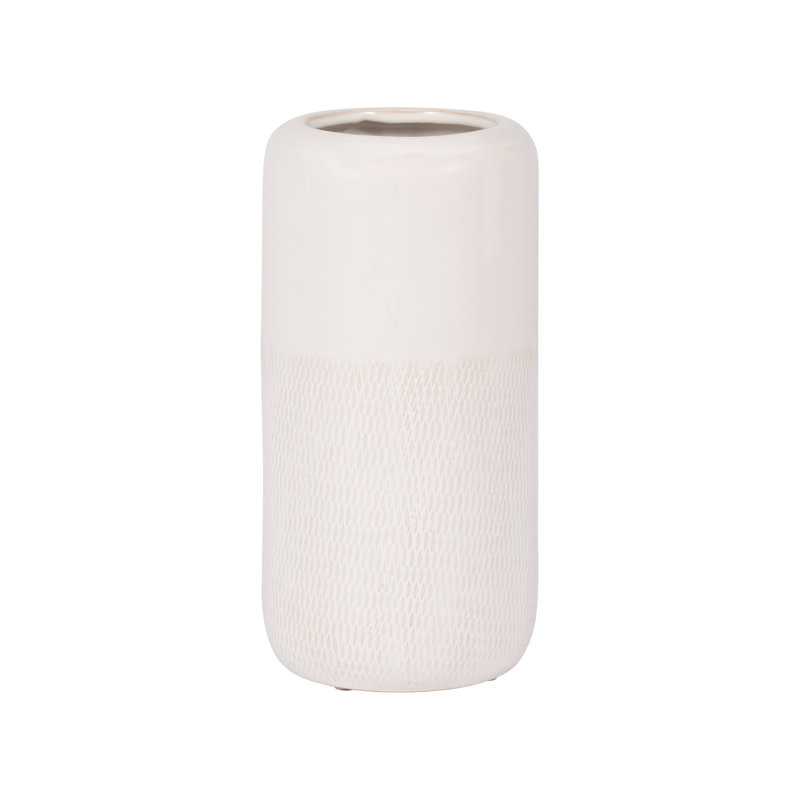 Claas Stoneware Ceramic Vase with Textured Body and Rounded Rim Design, Etched Ivory/Beige, 10" H x 5" W x 5" D