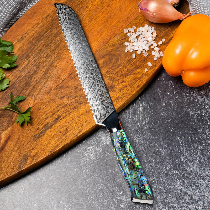 8" Damascus Steel Bread Knife with Real Abalone Shell Handle - Japanese VG10 67-Layer Damascus Steel - 8" Serrated Blade, Luxury Gift Box - Senken Knives