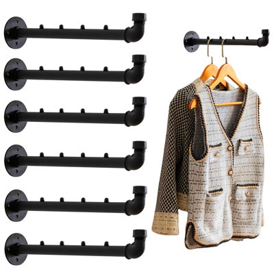Industrial Pipe Wall Mounted Garment Rack with Hooks, 6‑Pack
