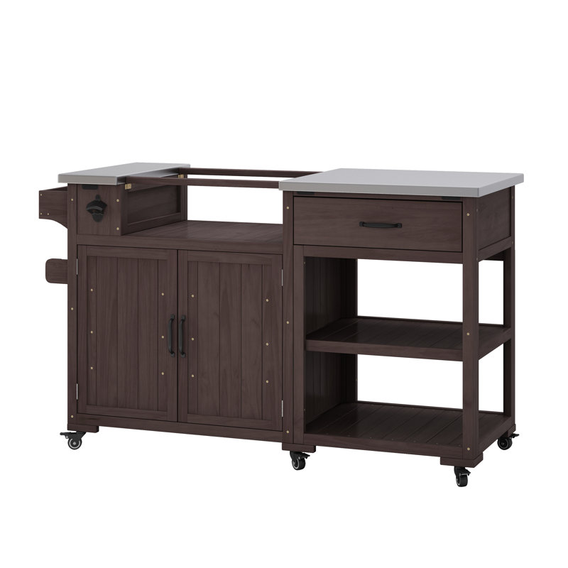 Chariot de barbecue extérieur en bois massif de 55,4 po avec plateau en acier inoxydable, étagère à épices, tiroir, étagères réglables et porte