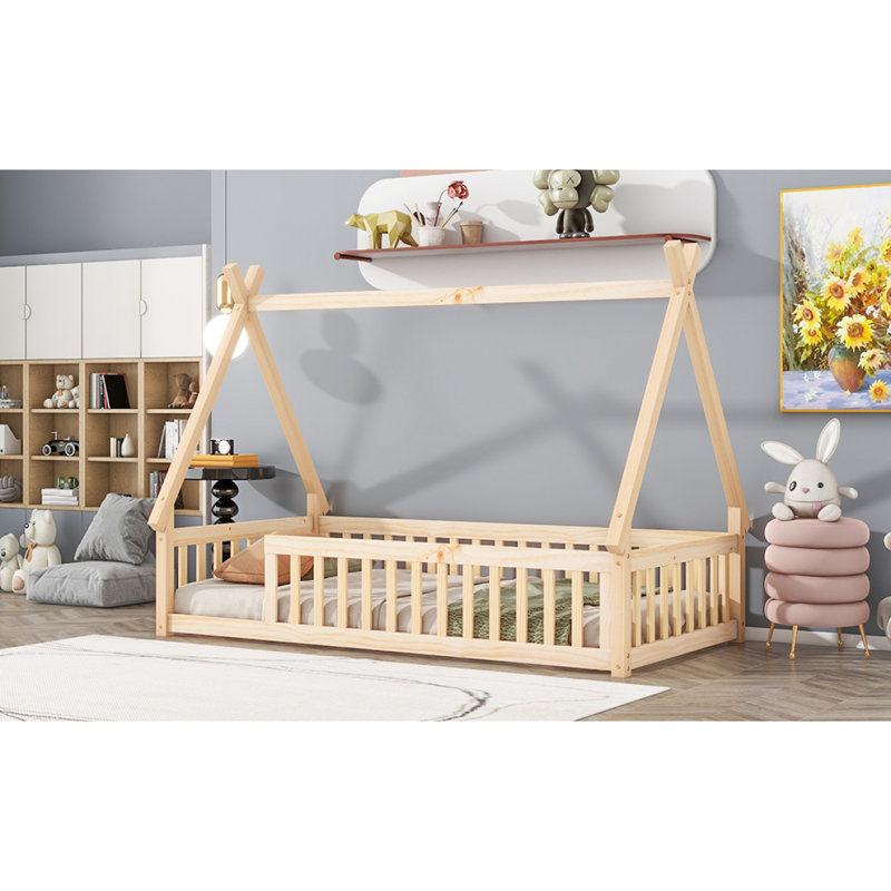 Lit simple en forme de tente, lit tipi avec garde-corps, lattes, naturel, Naturel