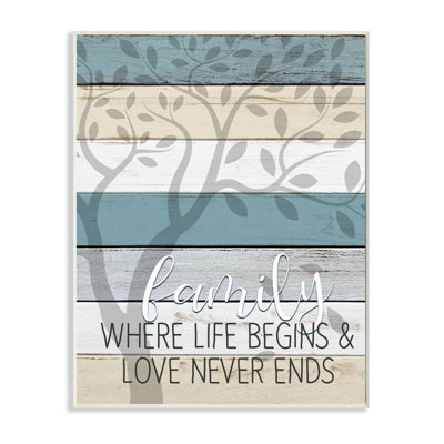 «Family Start and End Quote Tree Wood Grain Blue Tan» par Kim Allen - impression d'art graphique