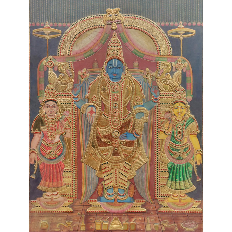 Standing Lord Vishnu with Sridevi and Bhudevi |Tanjore Painting | Traditional Colours with Gold Work
