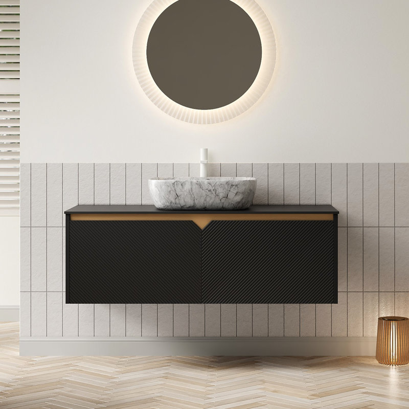 Meuble-lavabo 48 po avec lavabo, finition en comptoir en pierre frittée noire, lavabo en céramique à motif de marbre blanc, portes d'armoire en bois massif à fermeture en douceur, portes, registre