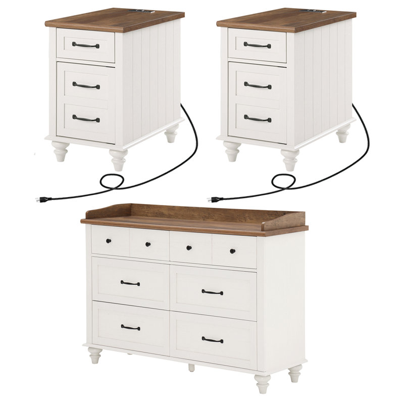 Ensemble 3 pièces de commode et table de chevet Alixia, table de chevet et commode de style Mid-Century moderne, Brun / blanc
