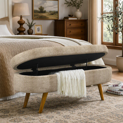 Repose-pieds de rangement ovale en tissu avec pieds en bois d'hévéa, parfait pour la décoration intérieure et une utilisation multifonctionnelle