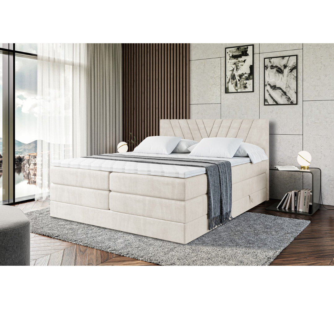 Echtes Boxspringbett Argel mit Zwei Matratzen, Topper und Bettkasten