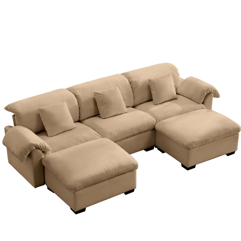 Très grand siège avec coussins moelleux et coussins, sièges de rangement modulaires en U 3 velours brun clair, repose-pieds, sièges