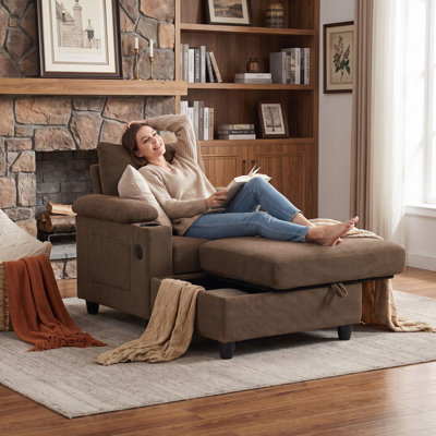 Ensemble de fauteuil d'appoint et repose-pieds avec rangement, méridienne polyvalente, lit convertible avec dossier inclinable, porte-gobelets et ports USB-C