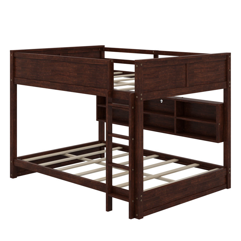 Queen Over Queen Solid Pine Wood Bunk Bed – Built-In Storage Cabinets, Charging Station, Ladder & Safety Guardrails, Brown