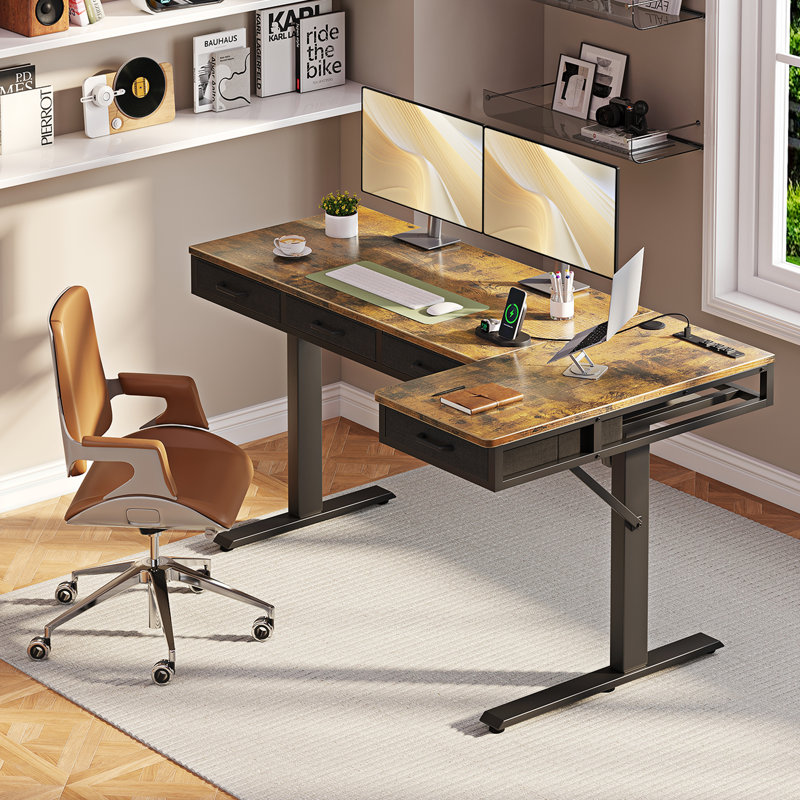 Electric Standing Desk With 4 Under-desk Drawers, Height-adjustable Desk With Built-in Power Outlets,standing Desk With Reversible Structure,home Office Desk With Hidden Desk-mounted Cable Management Tray