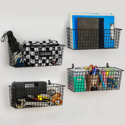 4 Set [EXTRA LARGE] Hanging Wall Mount Storage Baskets With Adhesive Hooks & Steel Hooks, Multiuse Sturdy Wire Metal Organizing Baskets, Black