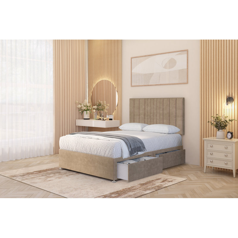Alyssa Velvet Divan Bed Set Sprung Memory Foam Mattress & Headboard with Drawers, Beige, Double (4'6), 2 Draw