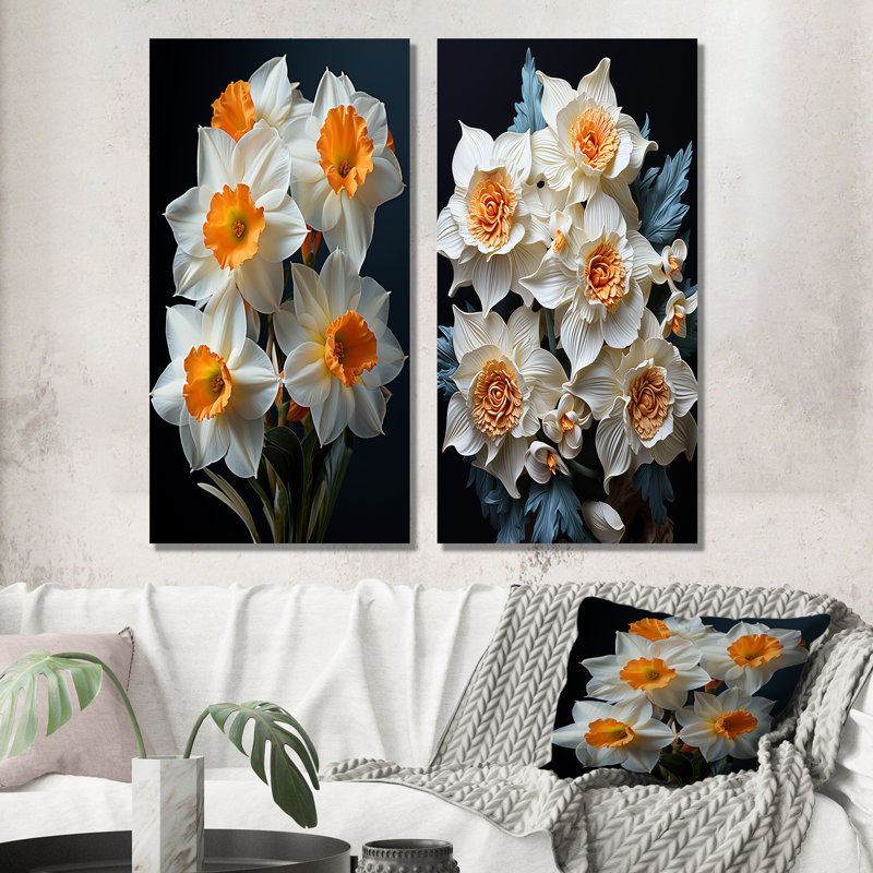 Jonquilles blanches et orange Bloossom - ensemble de 2 décorations murales jonquilles, H 28 po x l 25 po, Toile tendue