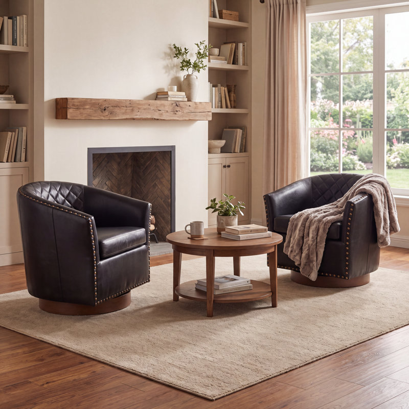 Fauteuil d'appoint moderne pivotant en cuir avec garniture cloutée capitonnée, Black