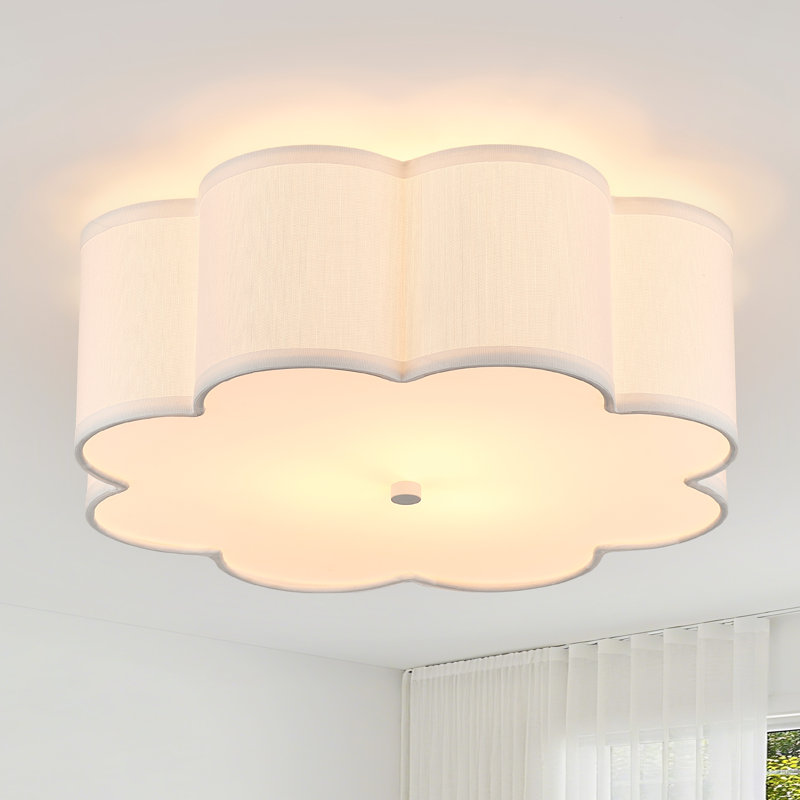 3-light Modern Drum Linen Semi Flush Mount Ceiling Light, White, 6" H x 17.7" W x 17.7" D