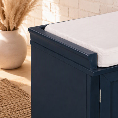 Storage Bench with 2 Drawers and 2 Cabinets, Shoe Bench with Removable Cushion for Living Room, Entryway (Antique Navy)