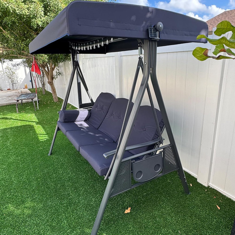 Balancelle de véranda à 3 places avec auvent inclinable réglable, coussins et coussins inclus Shadona, bleu marine, 78.7"