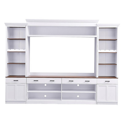 Farmhouse 4-Piece Entertainment Center with Bookshelf for TVs Up to 70", Walnut TV Stand with Adjustable Shelves, Mid-Century Media Console with Wine Rack for Living Room, White(OLD SKU: N721S000046K)